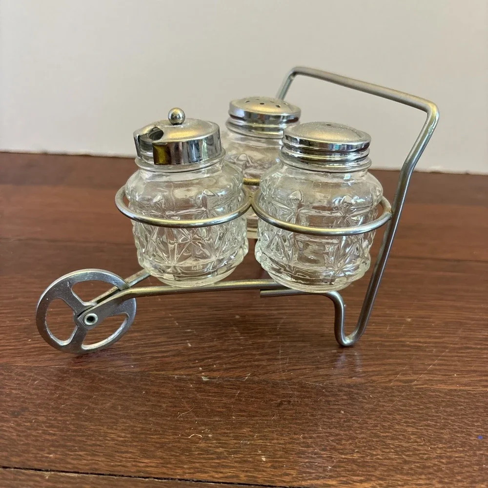 Vintage 50's‎ Salt Sugar Pepper Metal Frame 331 Wheelbarrow Caddy